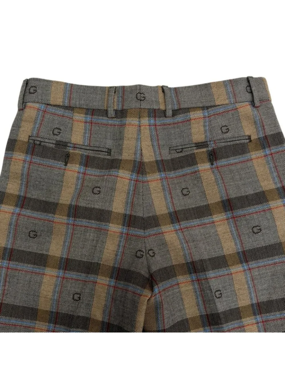 Gucci Wool 100% G Logo Tucked Center Crease Check Trousers Brown Pants 48